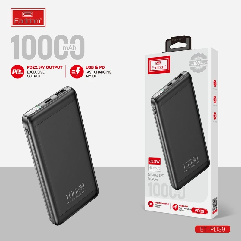 تصویر  پاوربانک ارلدام مدل ET-PD39 ظرفیت 10000 میلی آمپر ساعت